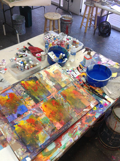 Warm-up Paintings Taped to a Board